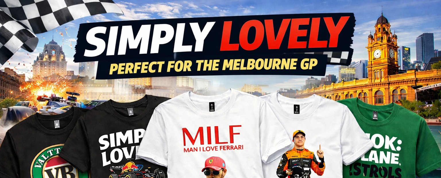 Collection of t-shirts with various designs and text, including a Melbourne GP theme.